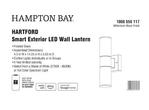 Hampton Bay Hartford 14.25 in. Millennium Black Hardwired LED Smart Cylinder Outdoor Wall Light Sconce Powered by Hubspace