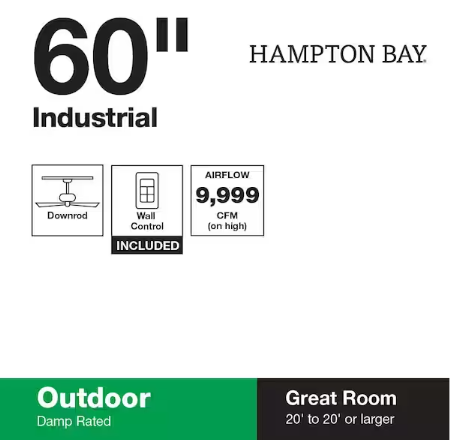Hampton Bay Industrial 60 in. Indoor/Outdoor Black Ceiling Fan with Wall Control, Downrod and Powerful Reversible Motor