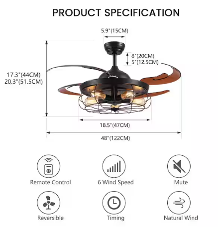 ANTOINE 48 in. Indoor Farmhouse Retractable Ceiling Fan with Light Black Caged Ceiling Fan Light with Remote