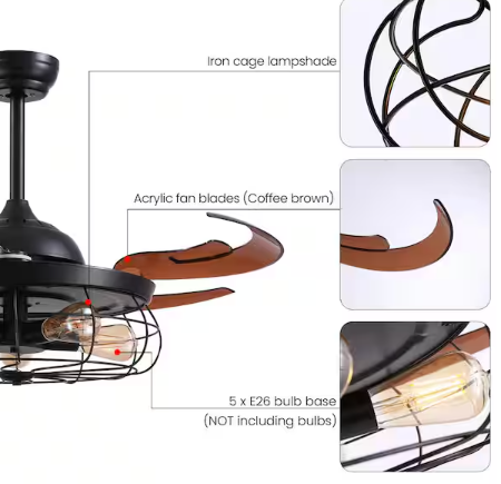 ANTOINE 48 in. Indoor Farmhouse Retractable Ceiling Fan with Light Black Caged Ceiling Fan Light with Remote