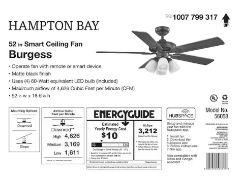 Hampton Bay 52 in. Burgess Matte Black Indoor LED Smart Ceiling Fan with Light Kit and Remote Control Powered by Hubspace