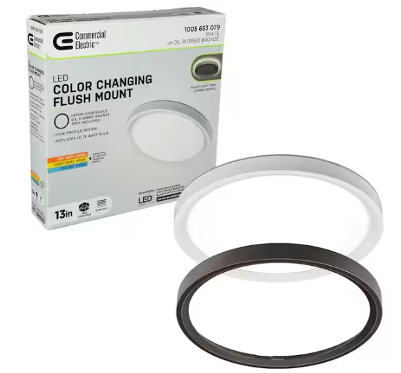 Commercial Electric 13 in. White, Oil Rubbed Bronze Trims 1350 Lumens LED Flush Mount Ceiling Light Fixture with Night Light Adjustable CCT