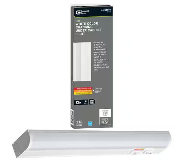 Commercial Electric Plug-In 12 inch Linkable LED Undercabinet Light Task Under Counter Kitchen Lighting 3 Color Temperature Options