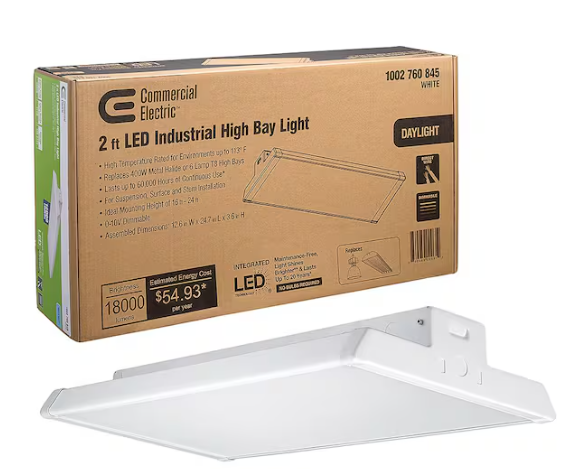 Commercial Electric 1-Pack 2 ft. 18000 Lumens 171-Watts Integrated LED High Bay Light 120-277V 5000K Daylight Dimmable Garage Light