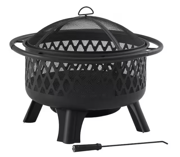 Hampton Bay Piedmont 29.6 in. W Black Steel Wood Outdoor Fire Pit with Screen and Poker Included