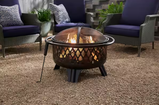 Hampton Bay Piedmont 29.6 in. W Black Steel Wood Outdoor Fire Pit with Screen and Poker Included