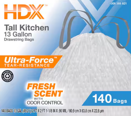 HDX 13 Gal. Scented Flex Drawstring Kitchen Trash Bags with 10% PCR (140-Count)