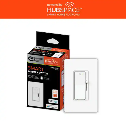 Commercial Electric White Smart Paddle Dimmer for CFL, Halogen, Incandescent, LED, 1-Pack Powered by Hubspace
