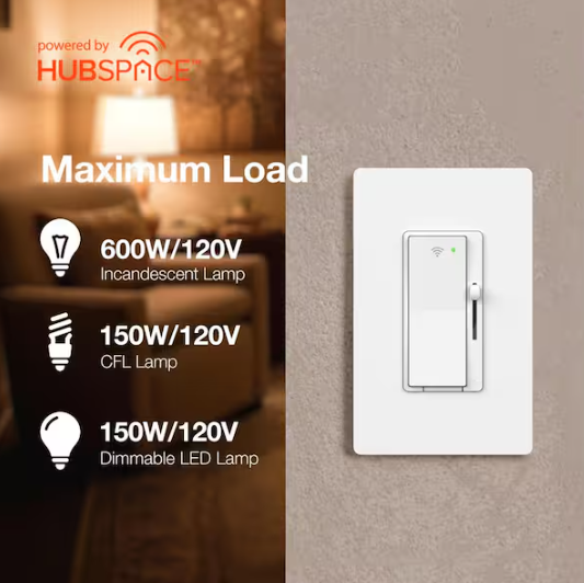 Commercial Electric White Smart Paddle Dimmer for CFL, Halogen, Incandescent, LED, 1-Pack Powered by Hubspace