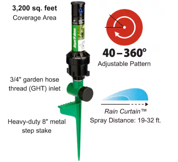 Rain Bird 3200 sq. ft. 32SA Gear Drive Rotor Sprinkler on a Spike w/Rain Curtain Technology, 40-360° Pattern, Adjustable 19-32 ft.