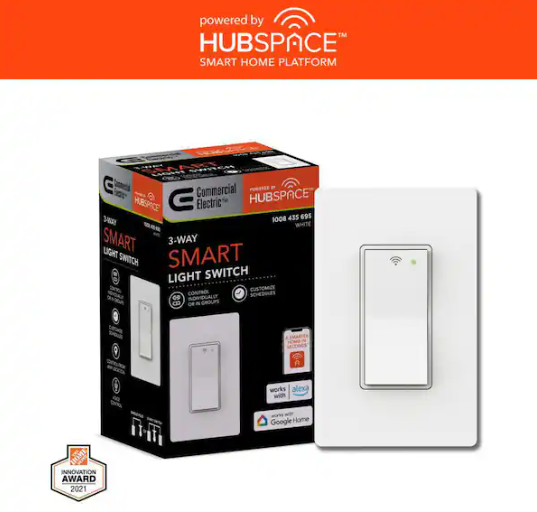 Commercial Electric 10 Amp 3-Way Smart Home Specialty Light Switch with Wi-Fi and Bluetooth Technology, White, Powered by Hubspace (1-Pack)