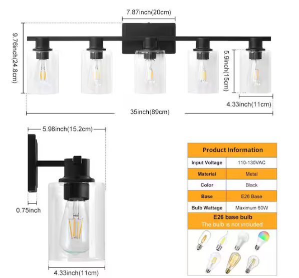 Deyidn- Farmhouse 35 in. 5-Light Black Modern Industrial Indoor Vanity Light with Clear Glass Shades, Bulbs Not Included