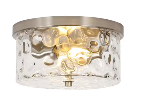 LamQee- 9.8 in. 2-Light Brushed Nickel Flush Mount Ceiling Light with Clear Hammered Glass