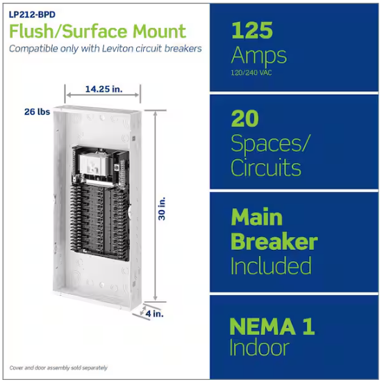 Leviton 125 Amp 20-Space, 20-Circuit Indoor Load Center with Main Circuit Breaker LP212-BPD