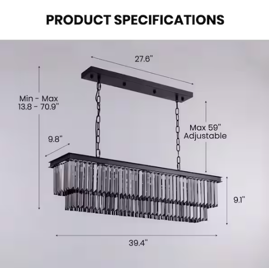 SILJOY 40 in. 7-Light Black Modern Matte Black Crystal Chandelier Linear Farmhouse Kitchen Island Dining Room Pendant Lighting