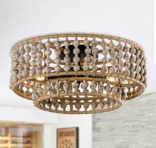 Flint Garden 15.75 in. 3-Light Boho Distressed White Wood Beaded Tiered Flush Mount Ceiling Light for Hallway and Bedroom