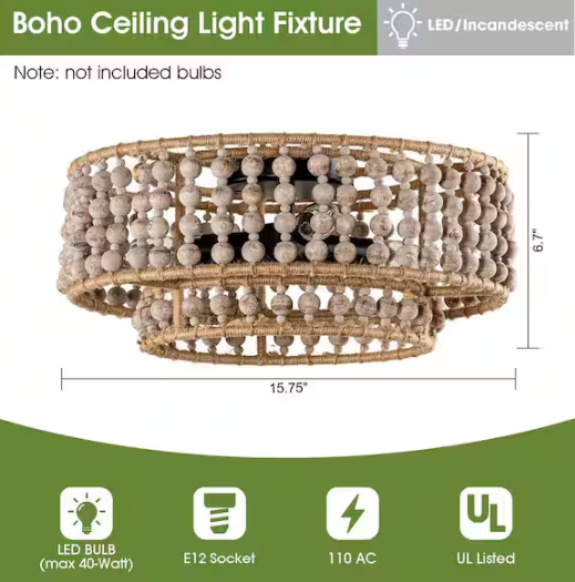 11.8 in. 3-Light Brown Flush Mount Rattan Ceiling Light with Hand-Woven Shade and No Bulbs Included