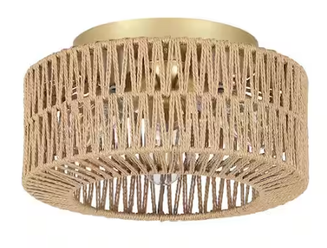 11.8 in. 3-Light Brown Flush Mount Rattan Ceiling Light with Hand-Woven Shade and No Bulbs Included