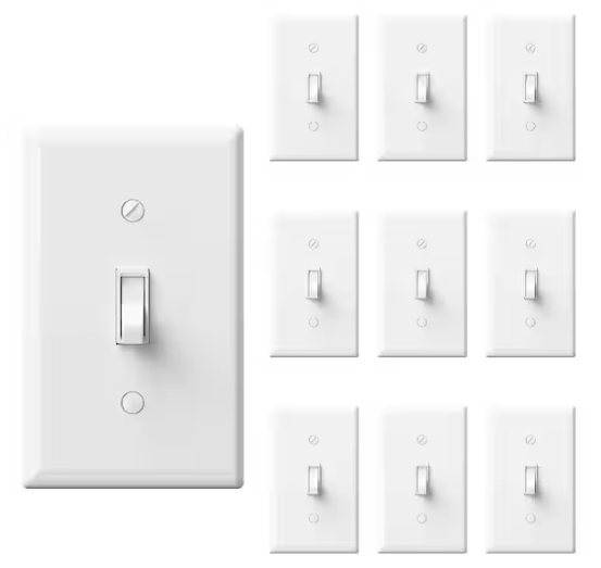 15 Amp Single-Pole Toggle Light Switch, With Midway Wall Plate White (10-Pack)