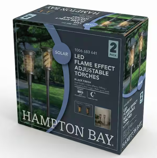 Hampton Bay Ambrose Solar 6 Lumens Matte Black Integrated LED Flicker Flame Torch Path Light with Adjustable Height (2-Pack)