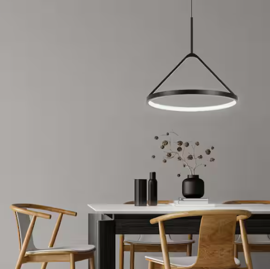 Home Decorators Collection Townly 35-Watt 1-Light Satin Black Bowl Integrated LED Pendant Light with Open Metal Ring Shade