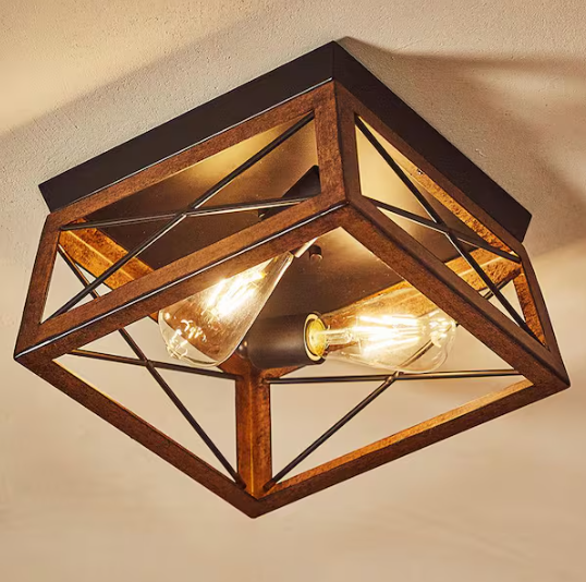 Pia Ricco 2-Light Farmhouse Barnwood and Matte Black Flush Mount Ceiling Light