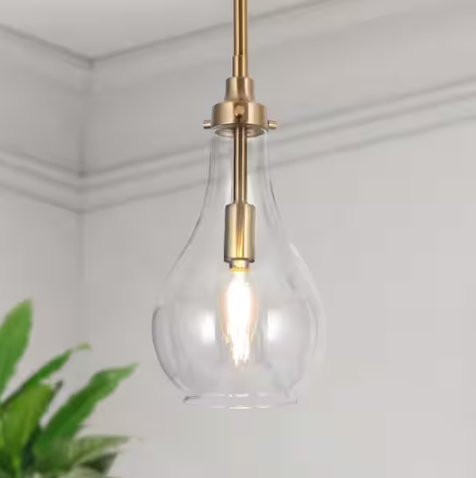 Uolfin Modern Kitchen Island Teardrop Pendant Light 1-Light Brass Gold Dome Hanging Pendant Light with Clear Glass Shade