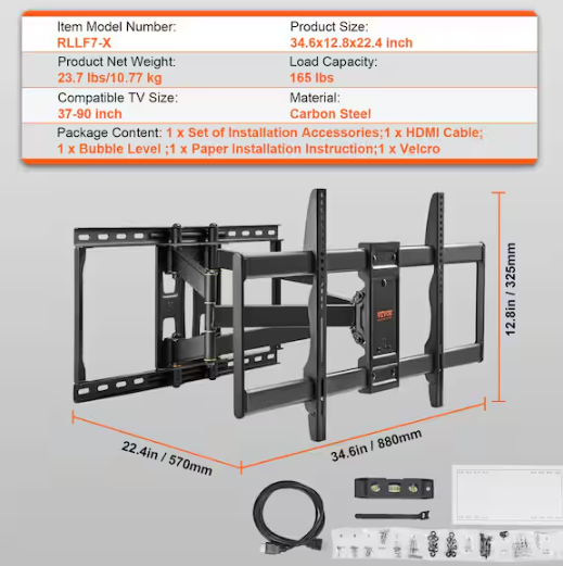 VEVOR TV Wall Mount Fits for 37-90 in Full Motion TV Mount Monitor Swivel Tilt Horizontal Adjustment Bracket Holds 165 lbs.