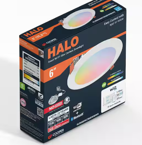 HALO HLB 6 in. Color and Tunable White Slim Canless Smart Wi-Fi LED Recessed Downlight with WiZ Pro
