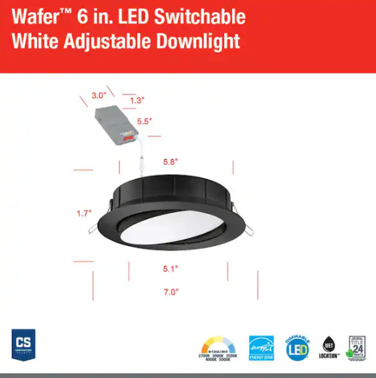 Juno WF6 ADJ 6 in. Selectable Color Temperature New Construction or Remodel Matte Black Recessed Integrated LED Gimbal Kit