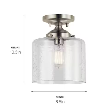 KICHLER Winslow 8.5 in. 1-Light Brushed Nickel Hallway Contemporary Semi-Flush Mount Ceiling Light with Clear Seeded Glass