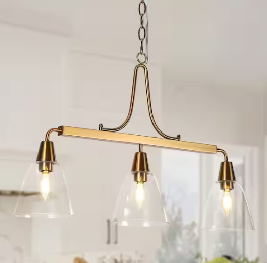 LNC Minimalist Modern 3-Light Brass Linear Chandelier with Classic Bell Clear Glass Shades Island Pendant for Dining Room