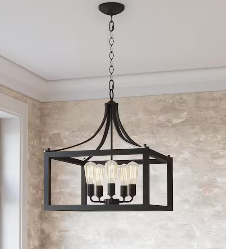 Hampton Bay Boswell Quarter 20 in. 5-Light Distressed Black Farmhouse Pendant for Kitchen or Entryway