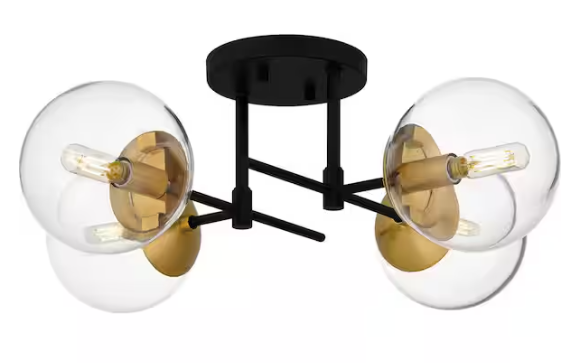 DSI LIGHTING 21.88 in. 4-Light Matte Black and Nouveau Gold Semi-Flush Mount with Clear Glass Shades