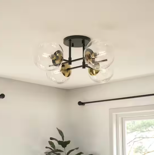 DSI LIGHTING 21.88 in. 4-Light Matte Black and Nouveau Gold Semi-Flush Mount with Clear Glass Shades