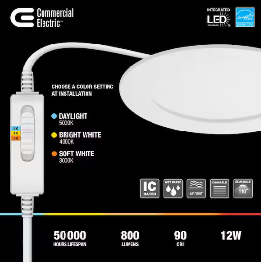 Commercial Electric 6 in. Pro Value Series Integrated LED Adjustable CCT Canless Recessed Light for Kitchen Bathroom Living Room, White
