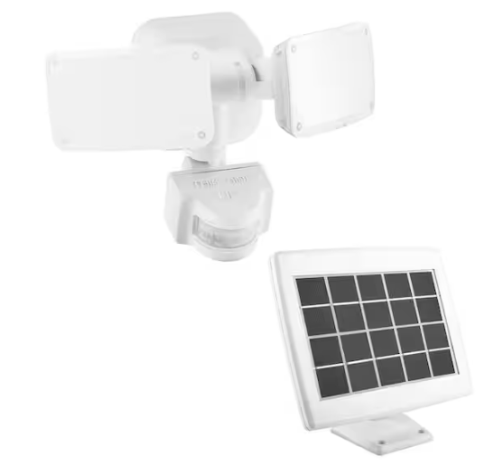 Defiant 180° White Motion Sensor Solar Powered Outdoor 2-Head LED Security Flood Light 1000 Lumens