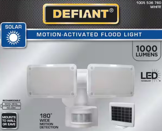 Defiant 180° White Motion Sensor Solar Powered Outdoor 2-Head LED Security Flood Light 1000 Lumens