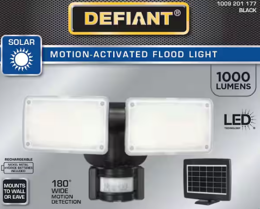 Defiant 180° Black Motion Sensor Solar Powered Outdoor 2-Head LED Security Flood Light 1000 Lumens
