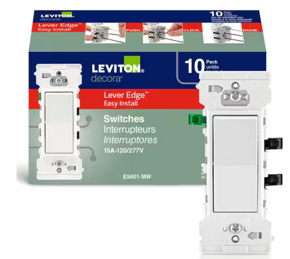Leviton Decora Lever Edge Easy Install 15 Amp 120/277-Volt Single Pole Switch, White (10-Pack) E5601-MW
