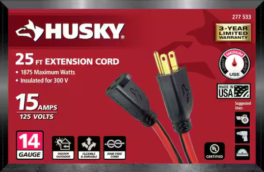 Husky 25 ft. 14/3 Medium Duty Indoor/Outdoor Extension Cord, Red/Black