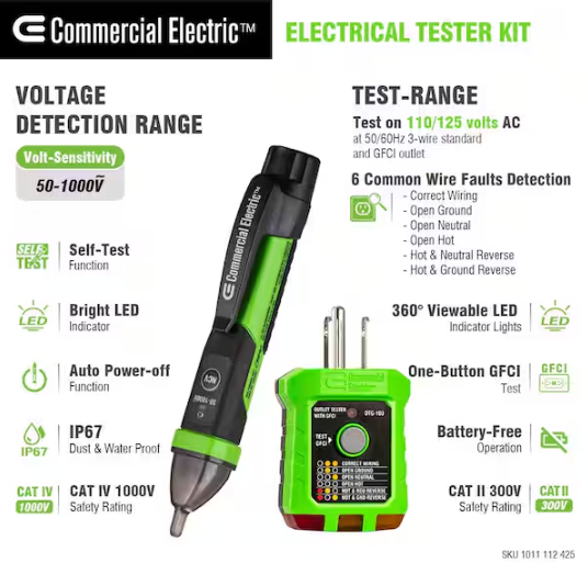 Commercial Electric Digital Non-Contact Voltage and GFCI Receptacle Tester Kit