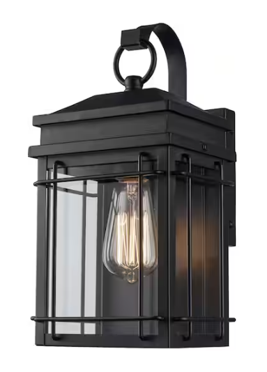 Hampton Bay Broward 13 in. 1-Light Black Outdoor Hardwired Wall Lantern Sconce Light Fixture with Clear Glass