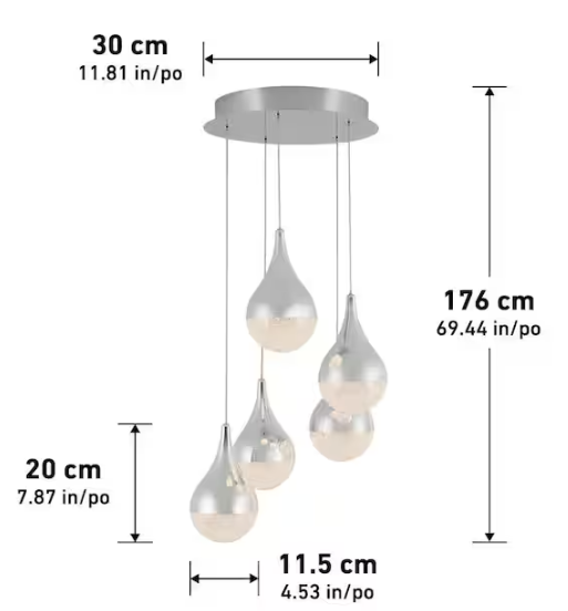 Artika Glitzer 30-Watt 5-Light Modern Chrome Integrated LED Hanging Pendant Light Fixture for Dining Room or Kitchen