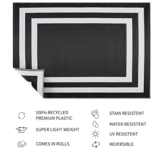 PLAYA RUG Paris Black White 4 ft. x 6 ft. Reversible Recycled Plastic Indoor/Outdoor Area Rug-Floor Mat