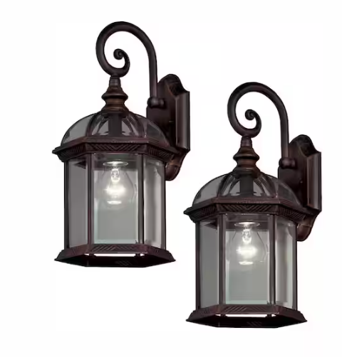 Hampton Bay Wickford 15.4 in. 1-Light Weathered Bronze Hardwired Outdoor Wall Light Lantern Porch Sconce with Clear Glass (2-Pack)