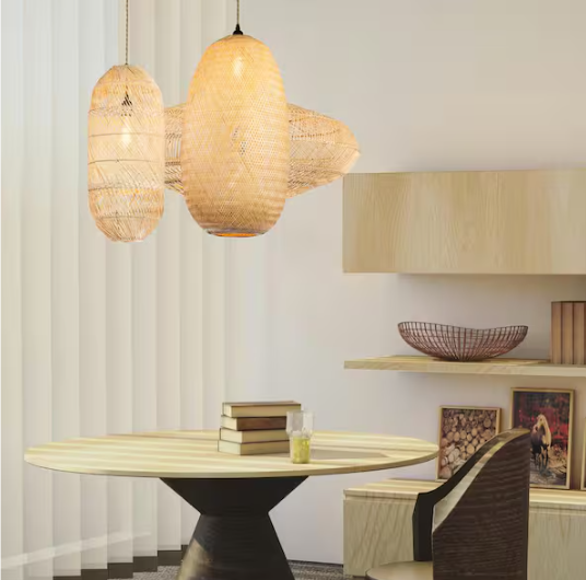 ELE Light & Decor Emily 1-Light Rattan Pendant Light in Brass Coastal Boho Bedside Light Fixture Handmade Large Shade