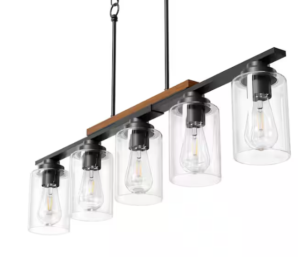 Merra 60-Watt 5 Light Matte Black Kitchen Island Linear Pendant Light Fixture with Clear Glass Shade