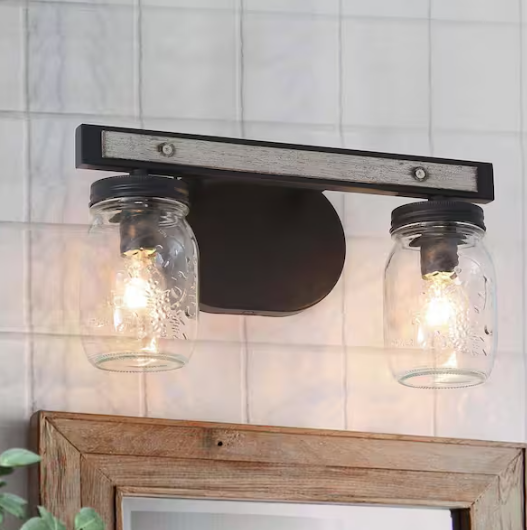 LOUGHEED DECOR INC Farmhouse 13 in. 2-Light Dark Gray Vanity Light with Clear Glass Mason Jar Shades