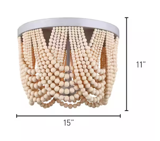 Home Decorators Collection Harlan 15 in. 3-Light Brushed Grey Flush Mount with Natural Real Wood Beads